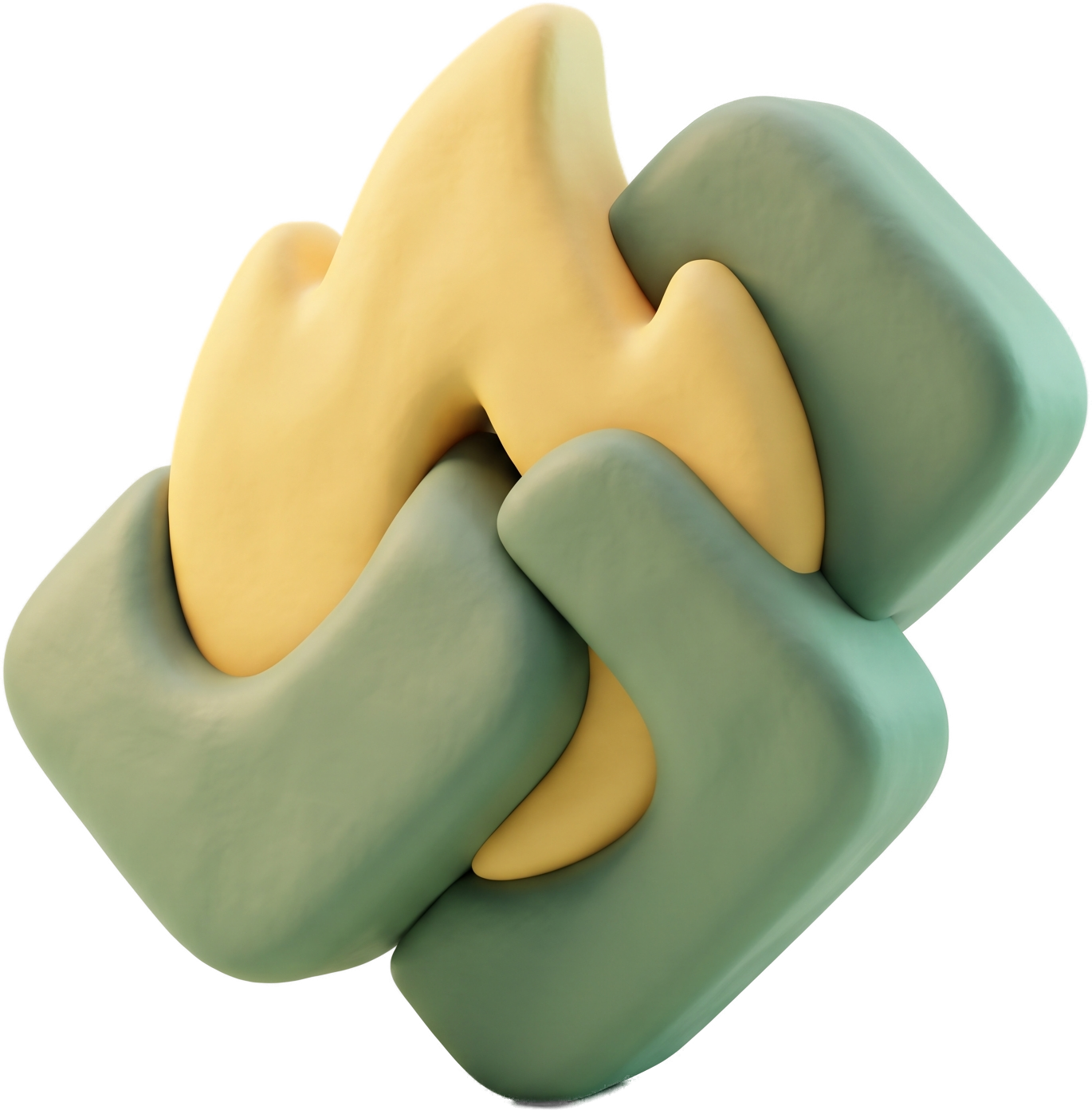 The Vigil mark: a soft 3D matte-clay butter-yellow flame interlocked with sage-green rounded blocks
